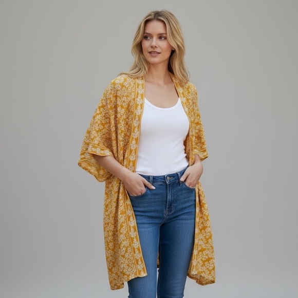 LOFT Tops - LOFT Yellow and White Border Floral Kimono